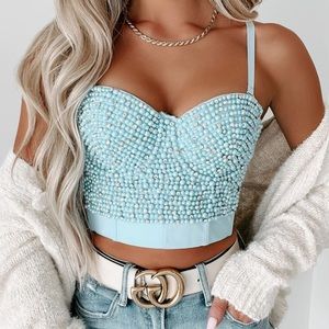 MOMENTARY PHASE RHINESTONE & PEARL BUSTIER TOP (LIGHT BLUE)
